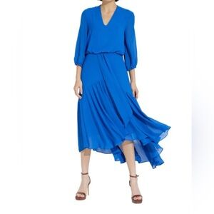 TAYLOR Blue High-Low Flowy Midi Dress Sheer 3/4 Sleeves NWT | Size Large